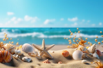 Tropical Beach Mockup with Seashells and Starfish on Seaside Sands, Capturing the Essence of a Relaxing Summer Vacation Getaway by the Sea. created with Generative AI