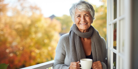 Portrait of happy senior woman smiling drinking hot coffee or tea standing outdoor on the home balcony