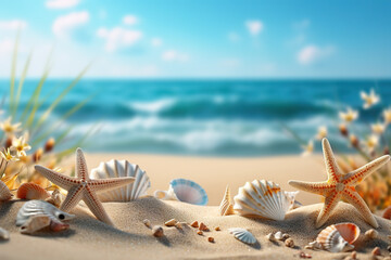 Fototapeta na wymiar Tropical Beach Mockup with Seashells and Starfish on Seaside Sands, Capturing the Essence of a Relaxing Summer Vacation Getaway by the Sea. created with Generative AI