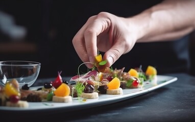 Obraz na płótnie Canvas Modern food stylist decorating meal for presentation. AI, Generative AI