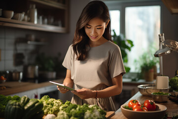 Asian Culinary Expertise Woman Mastering a Delicious Meal with Precision, Guided by Digital Tablet Recipe in Her Kitchen. created with Generative AI