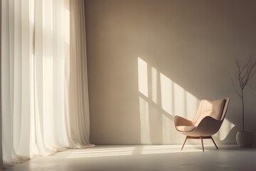 modern minimal interior design,window light,curtain with windy,chair,window opened,soft lighting. - obrazy, fototapety, plakaty