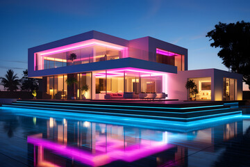 Modern villa with colored led lights at night  - obrazy, fototapety, plakaty