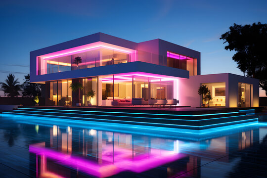 Modern villa with colored led lights at night 