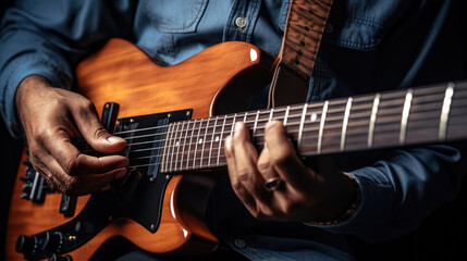 Male hands and guitar close-up. Musician playing acoustic guitar.