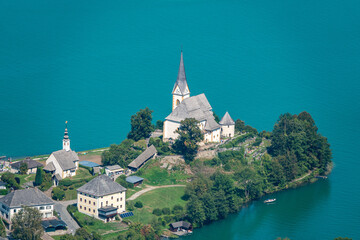 View of the Worthersee lake , Carinthia, Austria Aerial view from Pyramidenkogel view tower - obrazy, fototapety, plakaty