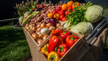 Wooden boxes with seasonal vegetables on a farmer's market counter