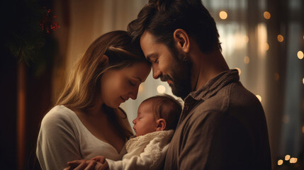 A mother and father gazing lovingly at their newborn in awe