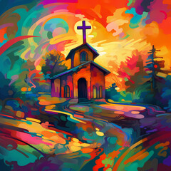Illustration, a lively and colorful church, surreal and dreamlike ambience