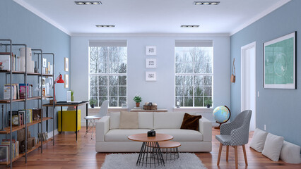 Diseño interior de una habitación moderna con tonos Azules  - obrazy, fototapety, plakaty