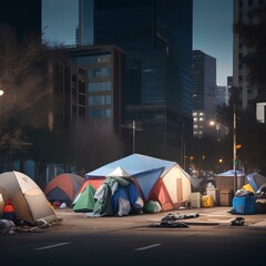 Homeless encampment in an downtown area of a major city with tents and cardboard boxes