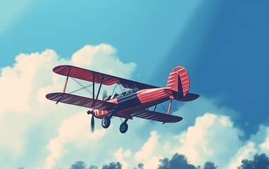 Red vintage plane flying in the blue sky digital art. AI, Generative AI - obrazy, fototapety, plakaty