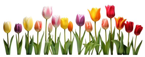 row of colorful tulip flowers, png file of isolated cutout object on transparent background.
