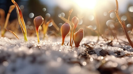 Germinating Seeds of Vegetable on the Earth under snow in winter, AI Generated - obrazy, fototapety, plakaty