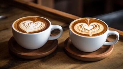 Close up white coffee cup with heart shape latte art on wood tab, 16:9, copy space - obrazy, fototapety, plakaty