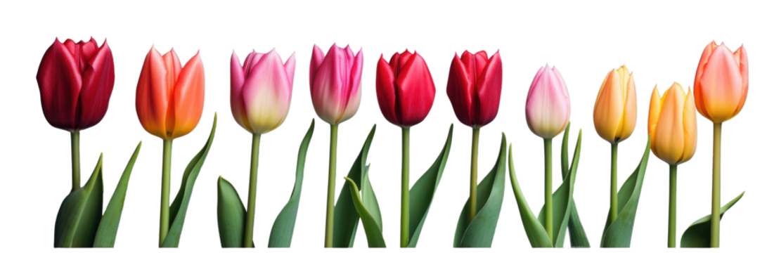 row of colorful tulip flowers, png file of isolated cutout object on transparent background.