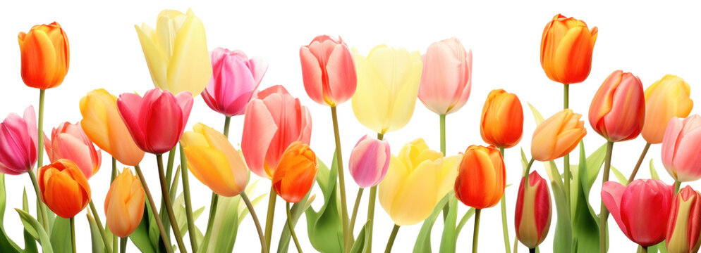 row of colorful tulip flowers, png file of isolated cutout object on transparent background.