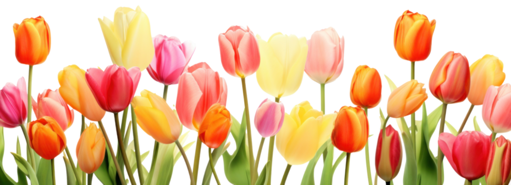 row of colorful tulip flowers, png file of isolated cutout object on transparent background.