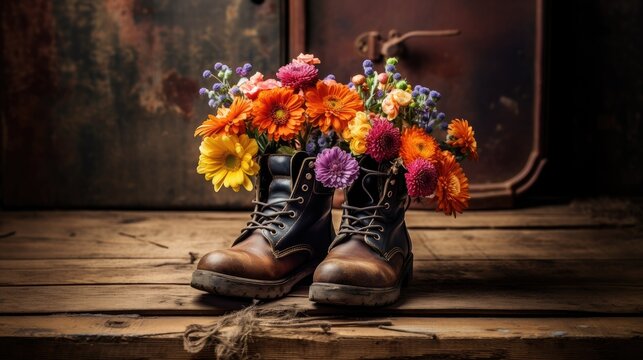 Bunte Blumen in einem Paar alte Wanderstiefel aus Leder auf rustikalem Holzboden, Naturverbundenheit