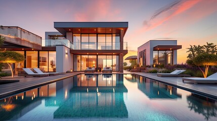 3d rendering of modern house by the river at evening, house, luxury, villa, modern, architecture, building, exterior, residential, property, designer - obrazy, fototapety, plakaty