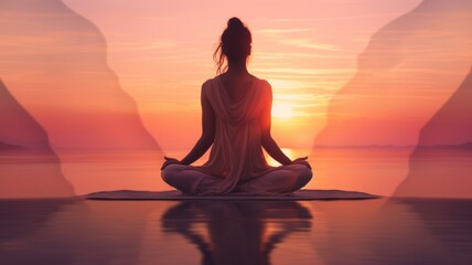 Woman Backlit in Yoga Pose in calm sunrise Zen. Generative AI image weber.