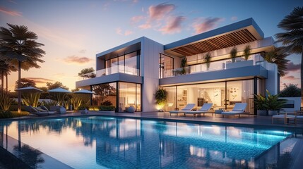 Fototapeta premium 3d rendering of modern house by the river at evening, house, luxury, villa, modern, architecture, building, exterior, residential, property, designer