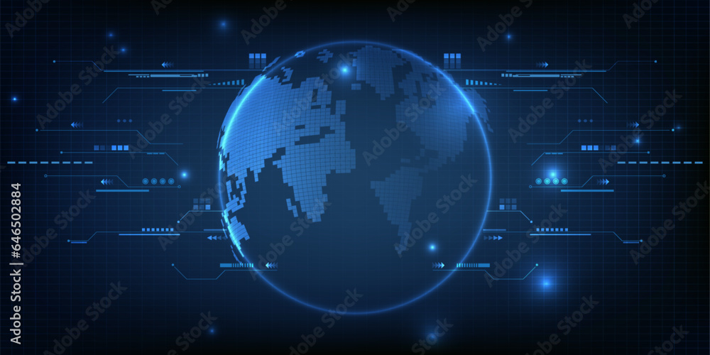 Poster vector illustrations of abstract blue futuristic globe digital economic or metaverse with tech eleme