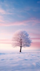 silhouette of a frozen tree covered with snow against the background of a muted morning sky in winter.snowy landscape. 