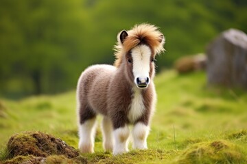 Small pony with brown mane stands on lawn of green moss, close-up