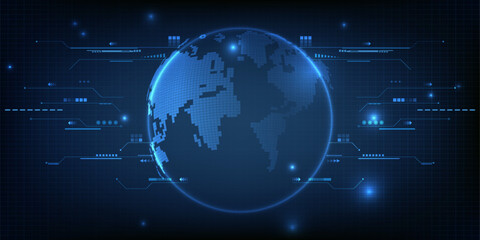 Vector illustrations of Abstract blue futuristic globe digital economic or metaverse with tech element circuits around.Digital innovation and technology concepts.