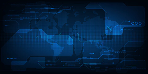 Vector illustration of world map grid sector futuristic digital communication and technology background.