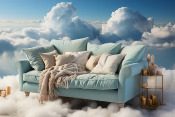 Comfortable sofa on clouds. Paradise or heaven.