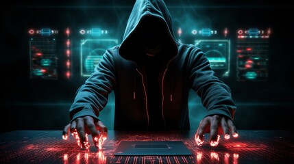 Black hood hacker force demands ransom by holding out his hand on table where sensitive data is hacked in a dark room in the background