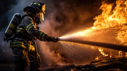 Fototapeta premium Portrait of a firefighter in equipment. Firemen using water from hose for fire fighting.