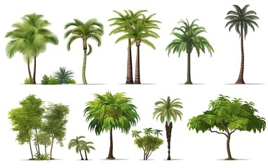 Set tree tropical isolated on white background. AI, Generative AI