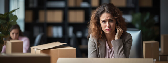 Frustrated fired woman sits among cardboard boxes of her belongings - obrazy, fototapety, plakaty