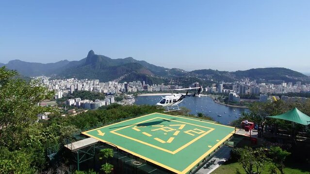 Rio de Janeiro, Brazil - August 10 2023: Helicopter Taking Off viewed from Sugar Loaf mountain