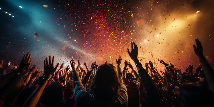 Viele Menschen feiern Patry auf dem Festival mit H&auml;nden hoch und bunten Holifarben im Querformat f&uuml;r Banner, ai generativ