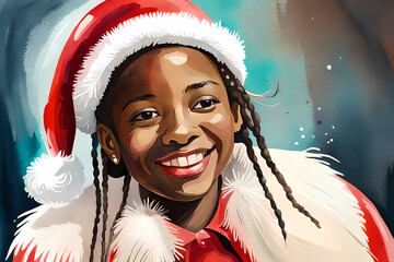 Smiling happy black teen girl with Santa hat
