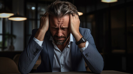 Businessman in depression sitting in his work office holding his head with his hand, suffering from overwork, stress or job loss