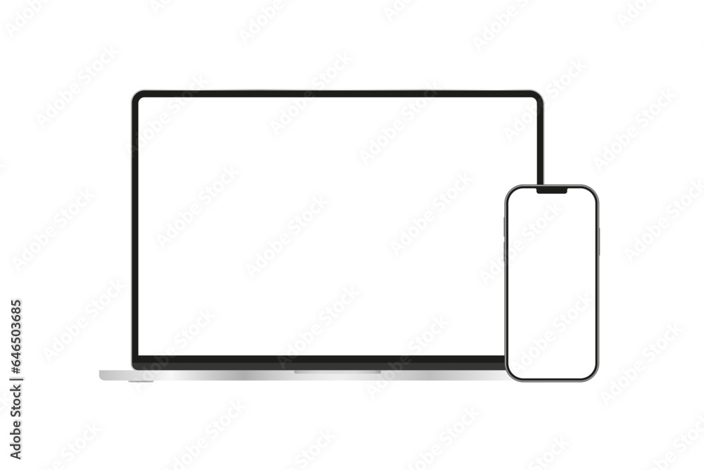 Poster laptop and mobile phone with blank screens, isolated on white background. notebook mockup and phone 