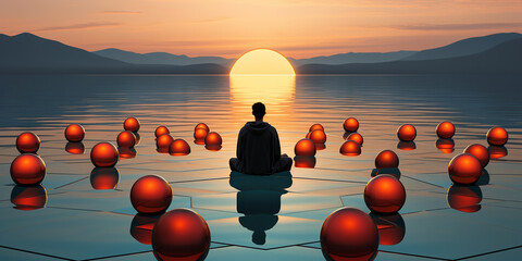 Sitzender Mann auf dem Wasser mit Sonnenaufgang beim Yoga mit roten Kugeln im Querformat für Banner, ai generativ