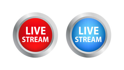 Live streaming flat logo - Blue and red vector design element with play button. Vector illustration