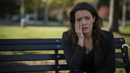 Fototapeta premium Businesswoman in depression sitting on bench in the park outdoors suffering from overwork, stress, job loss