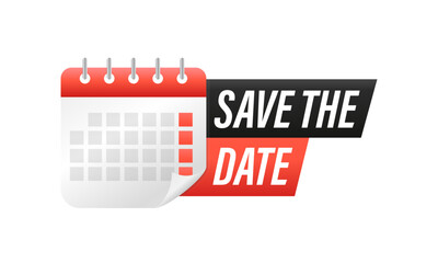 Round Label With Text Save The Date. Modern web banner element with calendar. Can be used for business, marketing and advertising. Vector illustration