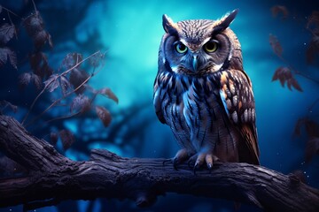 Owl sitting on the branch in spooky forest at the night