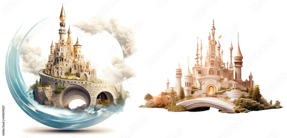 Wall mural set of fantasy castles, isolated on transparent background. fairytale illustration