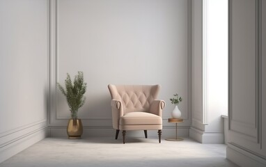 Fototapeta premium The interior has a armchair on empty white wall background. AI, Generative AI