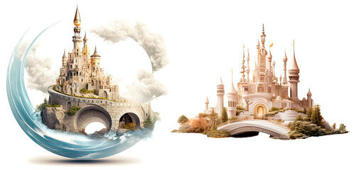 Set of fantasy castles, isolated on transparent background. Fairytale illustration - obrazy, fototapety, plakaty
