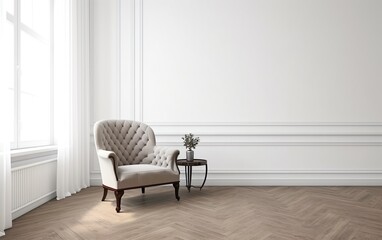 The interior has a armchair on empty white wall background. AI, Generative AI